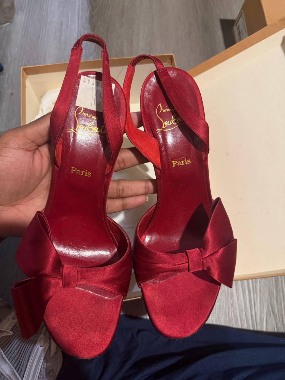 Christian Louboutin Red Satin Bow Slingback Sandals - Paris Logo